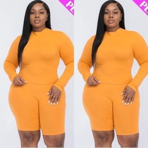 PLUS SIZE TOMATO CREAM MOCK NECK LONG SLEEVE TOP BIKER SHORT SET